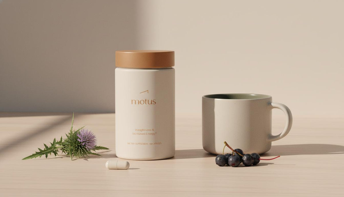 Minimalist still-life of Tonum Motus supplement jar, neutral ceramic mug, berries, milk thistle sprig and single capsule on pale wooden table, cortisol drink for belly fat
