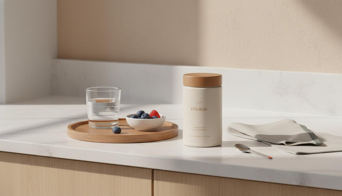 Minimalist kitchen scene with Motus supplement jar near a glass of water and bowl of berries, calm Tonum-branded composition about weight management — do thermogenics work for weight loss?
