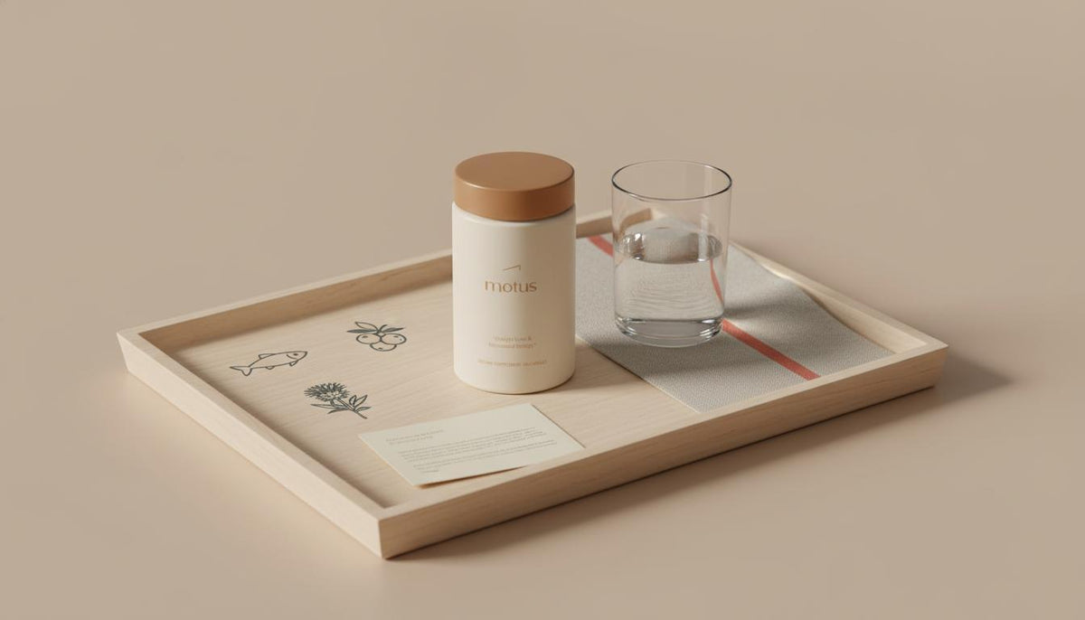 Minimalist kitchen scene with Tonum supplement product on a pale wooden tray beside fish and berry icons and a glass of water, illustrating omega-3 dosage for brain repair.