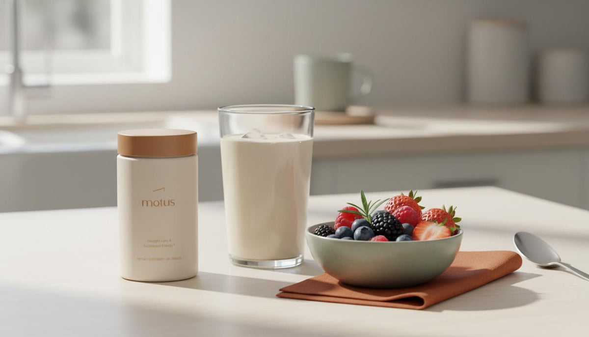 Minimalist kitchen counter with Tonum Motus bottle next to a clear glass protein shake, small bowl of berries and herb sprig on a neutral #F2E5D5 background — healthy meal replacement shakes