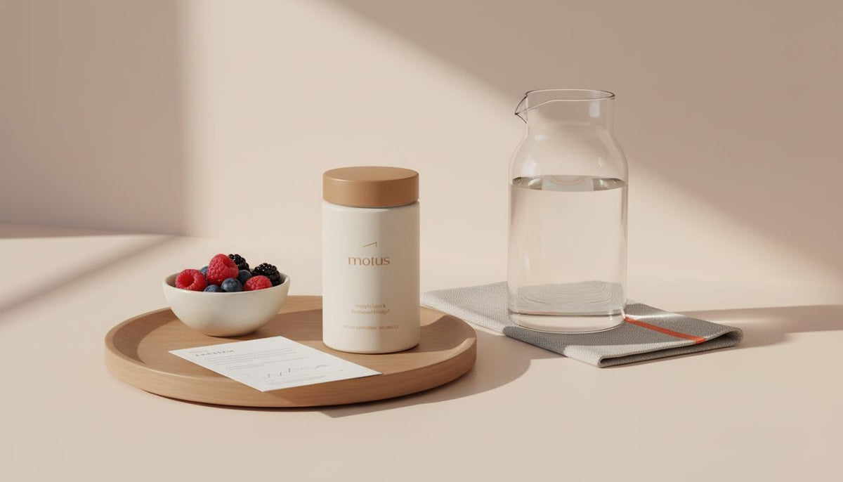 Minimalist kitchen counter with Tonum Motus supplement jar on a wooden tray beside a glass carafe and bowl of berries, research paper nearby — what is the fastest weight loss drug