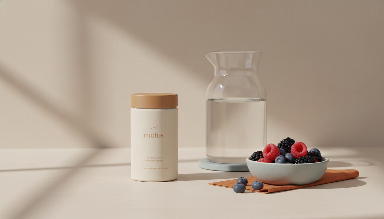 Minimalist kitchen counter with Tonum Motus supplement jar beside glass carafe and bowl of berries on beige background, illustrating probiotics for menopause patients.