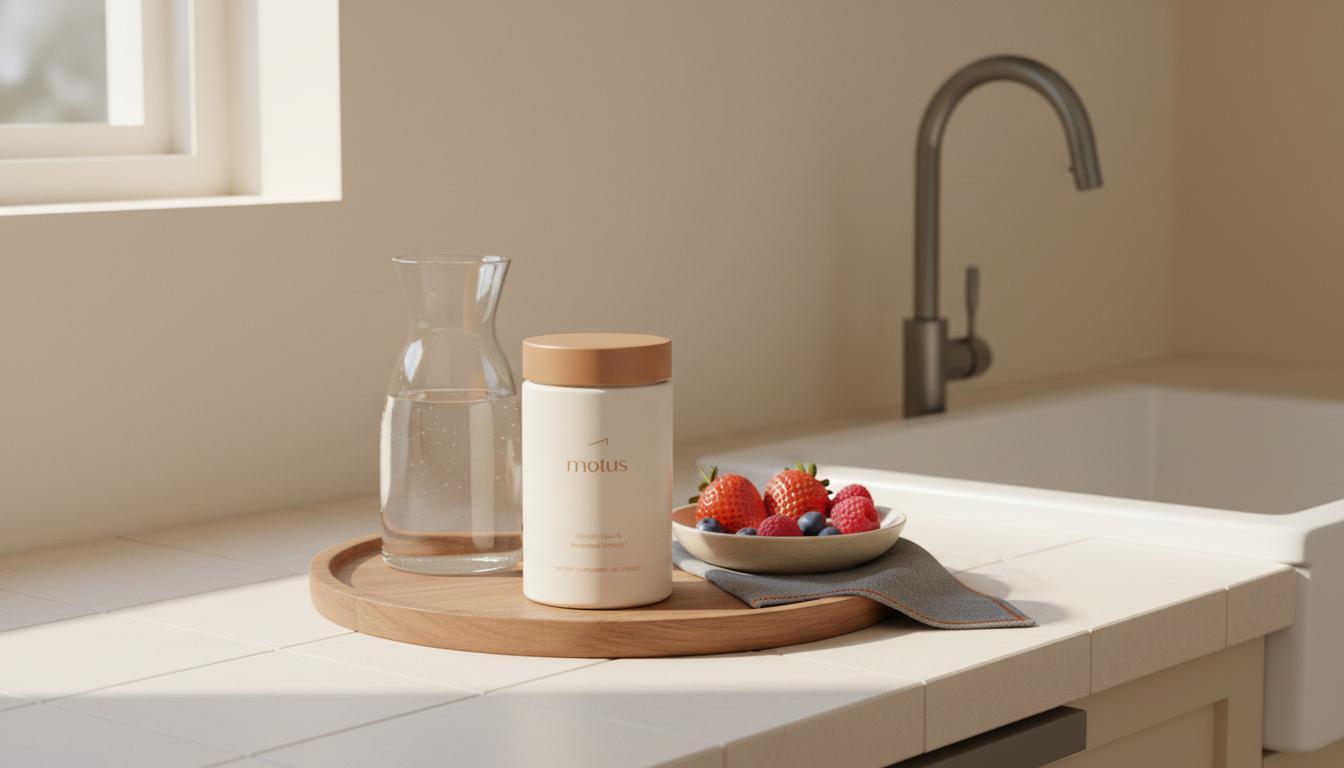 Minimalist kitchen scene with Tonum Motus supplement jar on a wooden tray beside a glass carafe and bowl of berries, soft morning light, calm wellness styling — Starbucks green coffee