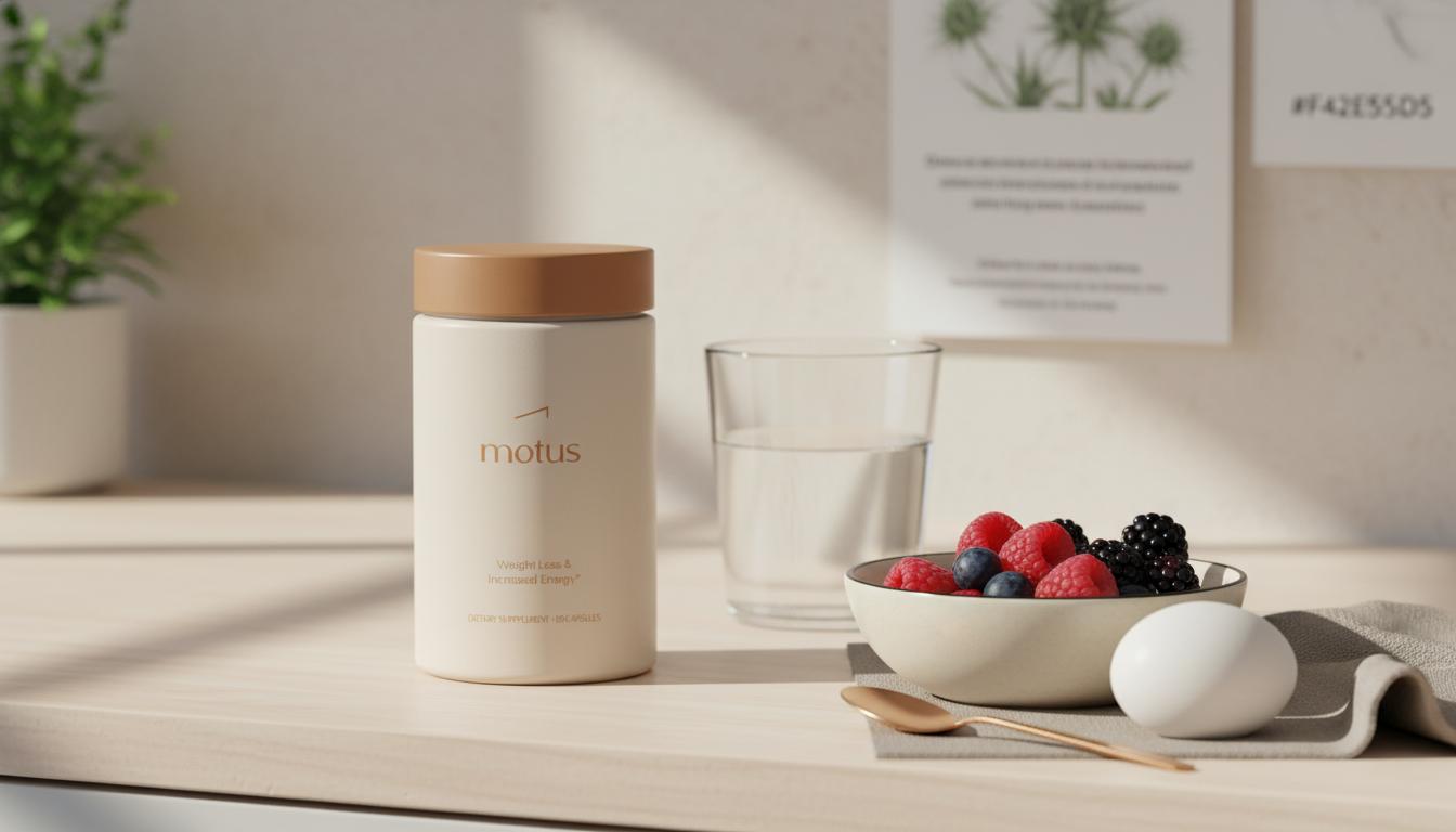Minimalist kitchen scene with Tonum Motus supplement jar beside a bowl of berries, an egg and a glass of water, evoking menopause weight gain treatment.