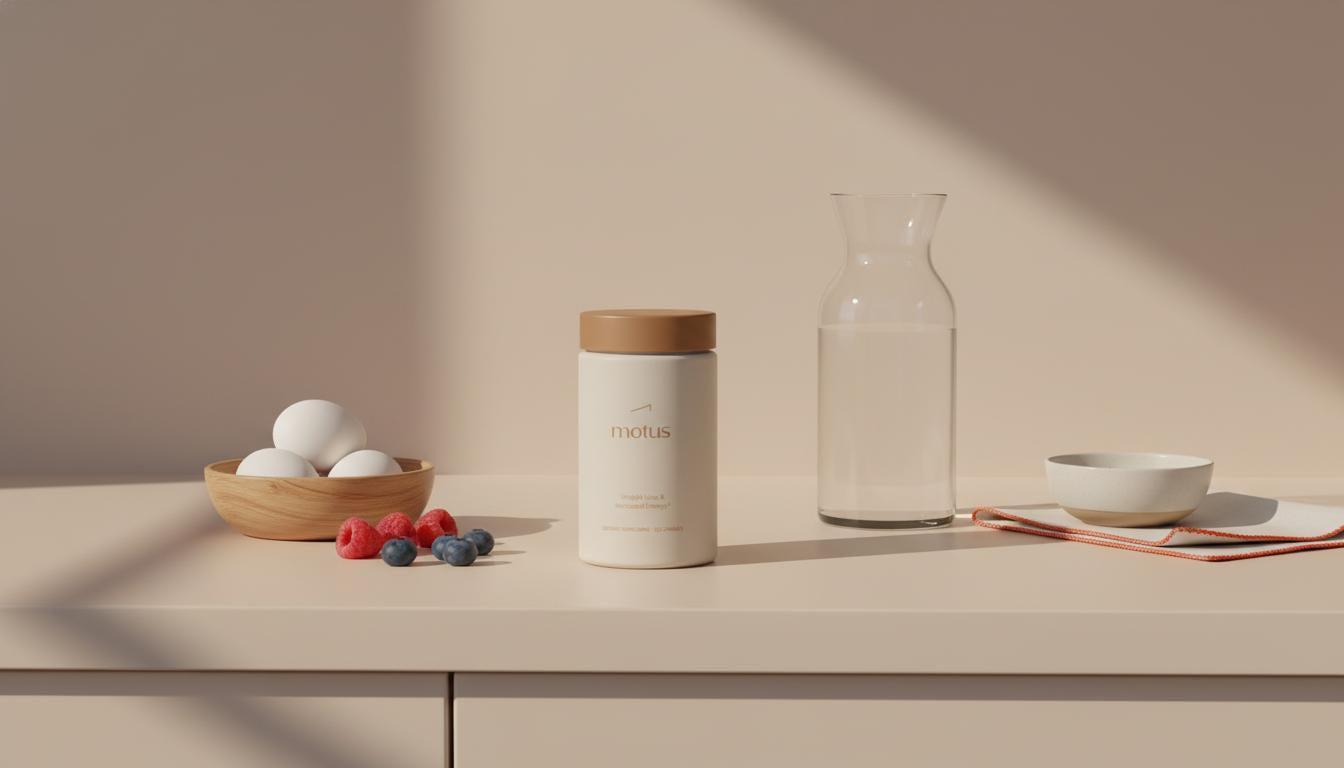 Minimalist kitchen counter with Motus supplement jar beside eggs, berries, and a water carafe in Tonum palette, presenting the strongest metabolism booster.