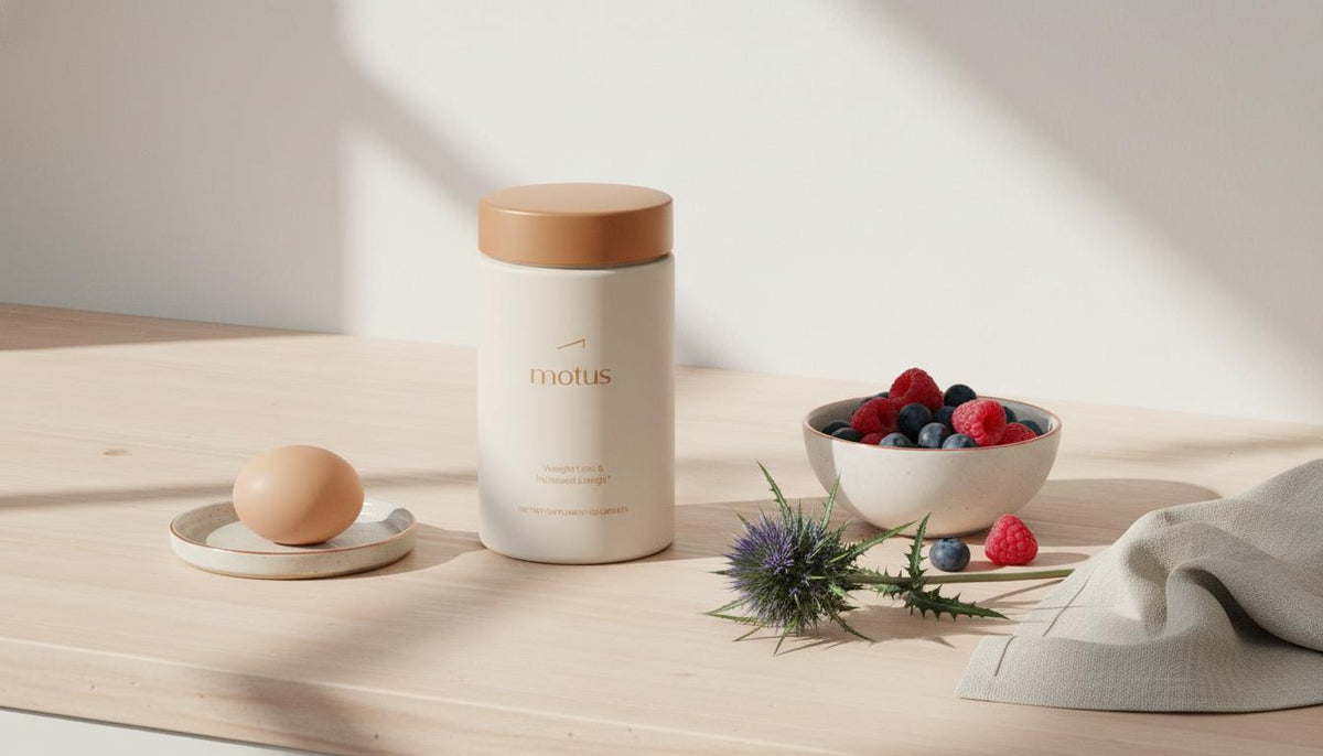 Motus supplement bottle on a minimalist morning kitchen counter beside an egg, a small bowl of berries and a milk thistle sprig, conveying balanced nutrition and metabolism.