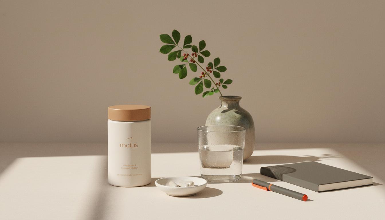 Minimalist sunlit kitchen counter with Tonum supplement jar, capsule dish, glass of water, notebook and ashwagandha sprig in a ceramic vase — ashwagandha cycling