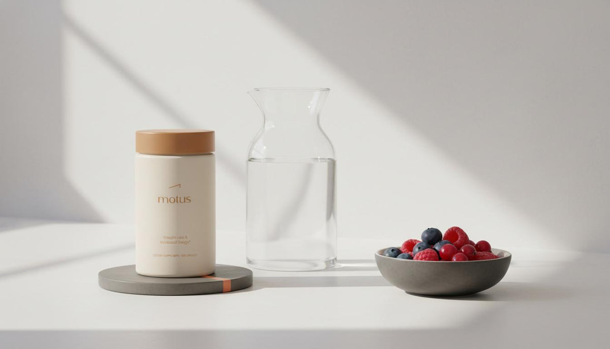 Minimalist kitchen countertop with Motus supplement jar beside a glass carafe and bowl of berries, conveying simple weight management habits — is psyllium as good as Ozempic?