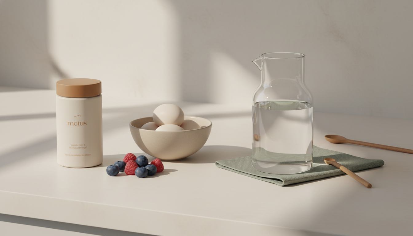 Minimalist kitchen counter with Tonum Motus jar beside a bowl of eggs, berries and a glass carafe in soft morning light — 3 3 3 rule for fat loss