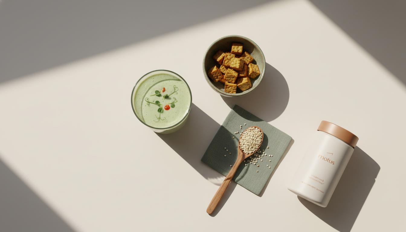 Top-down minimalist breakfast with green-pea protein smoothie, tempeh cubes, quinoa spoon and Tonum Motus container at the edge, illustrating the 30/30/30 rule for vegans
