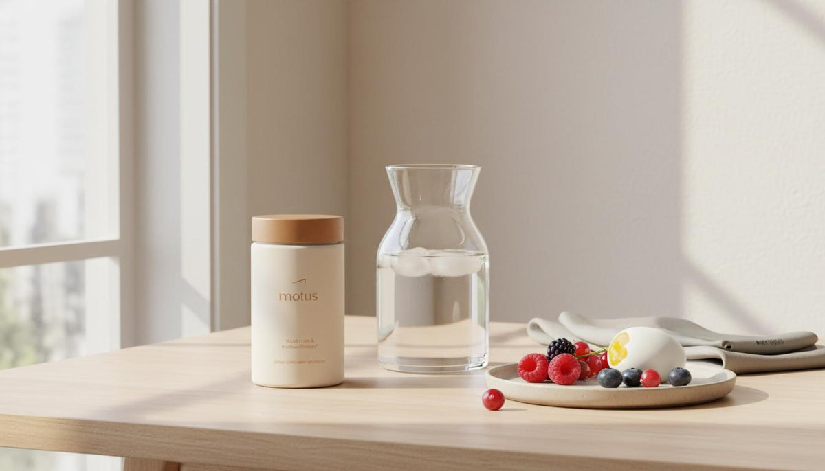 Motus supplement jar beside a glass carafe, egg and berries on a wooden table by a sunlit window, minimalist Tonum scene promoting conjugated linoleic acid weight loss.