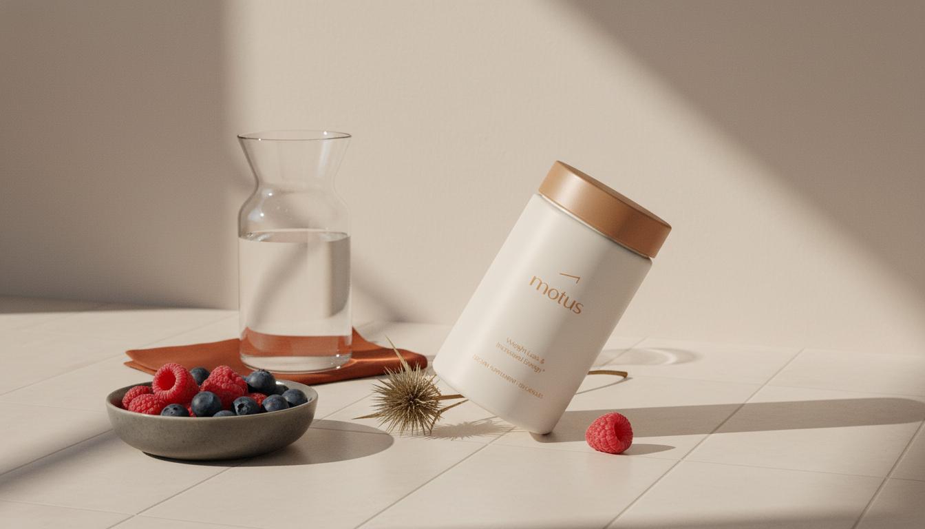 Minimalist kitchen counter with Tonum Motus supplement jar beside a glass carafe and bowl of berries in soft natural light, calm brand palette background — Ozempic price Walmart