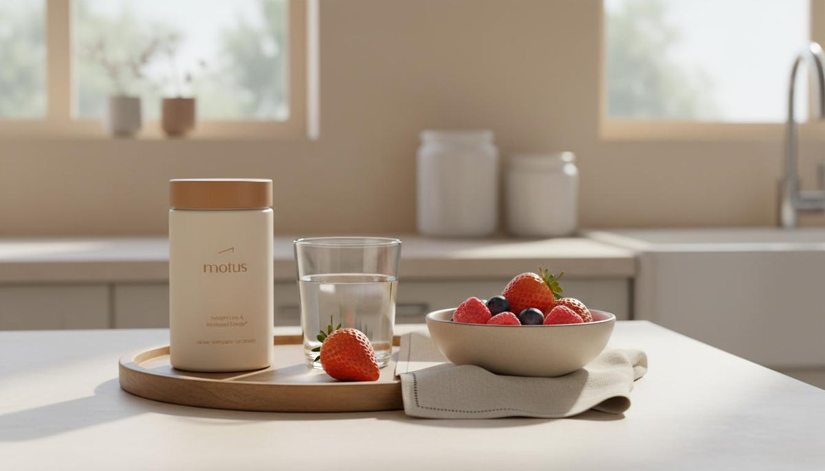 Sunlit kitchen counter with Tonum Motus supplement jar beside a glass of water and a bowl of mixed berries on a neutral linen napkin, minimalist Tonum styling — best probiotic for belly bloat