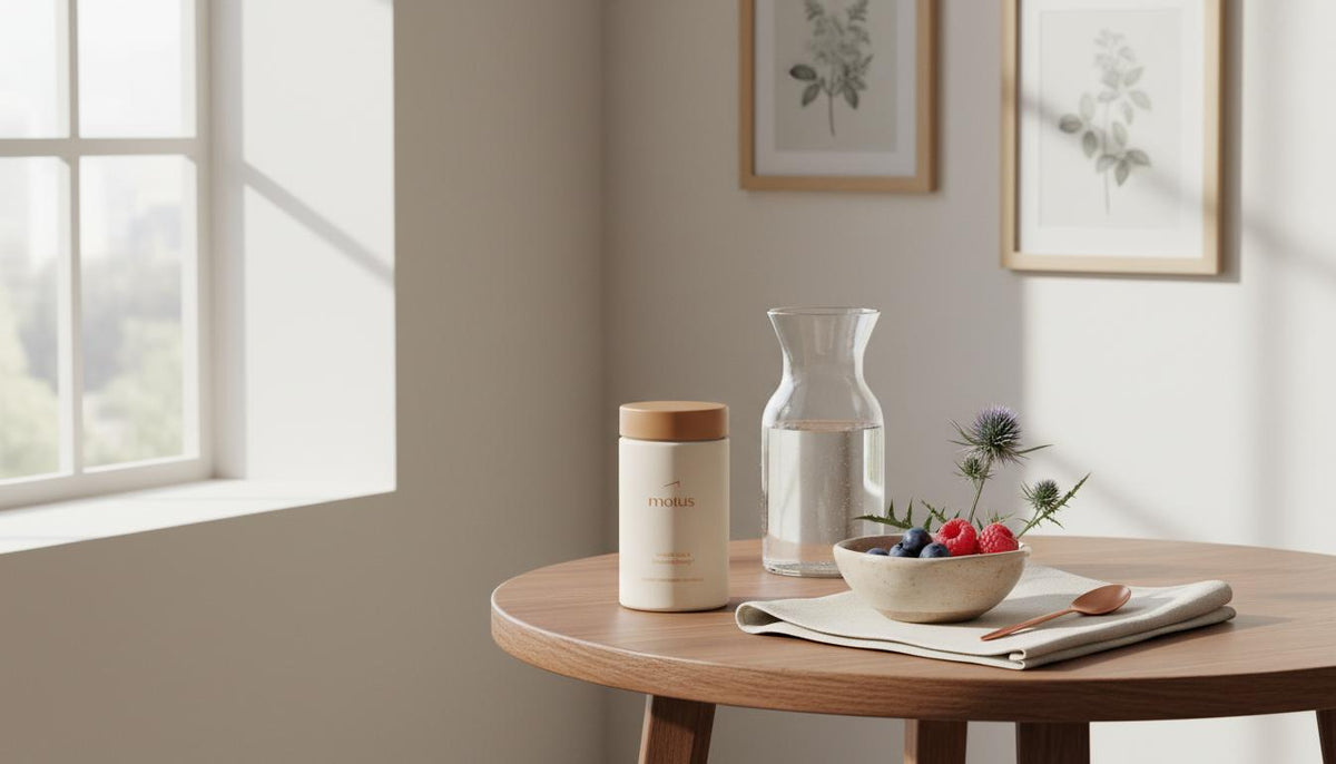 Tonum Motus supplement jar on wooden table with glass water, berries and milk thistle, clean lifestyle scene highlighting L-carnitine supplement.