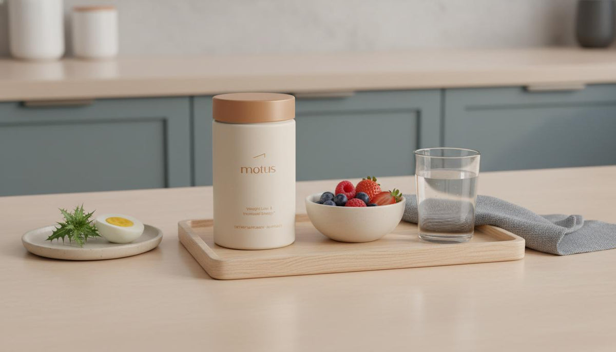 Minimalist kitchen scene with Tonum Motus supplement jar on a wooden tray beside mixed berries, a boiled egg and milk thistle sprig, conveying balanced wellness and hypermetabolism.