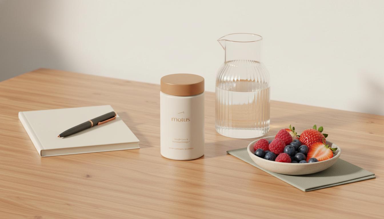 Minimalist morning tabletop with Tonum Motus supplement jar, glass carafe, bowl of berries and notepad on a wooden table in Tonum brand colors, creatine