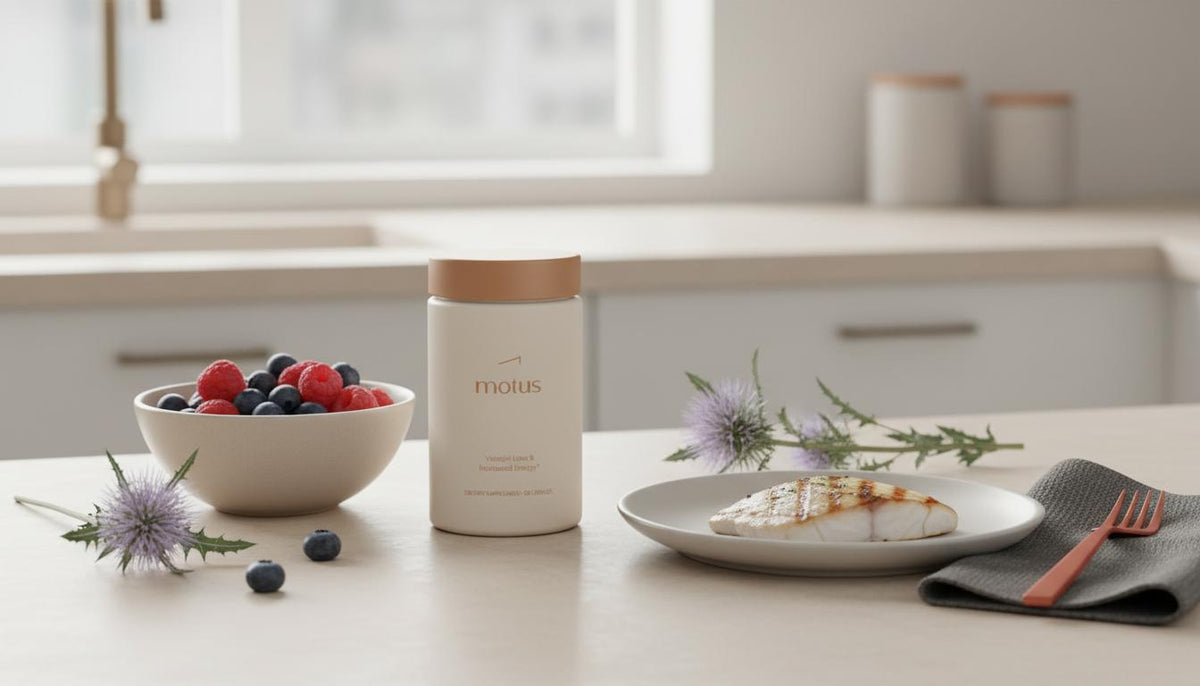 Minimalist kitchen still life with Tonum Motus supplement jar beside a bowl of berries, a portion of fish and milk thistle, presented as meal replacement shakes context