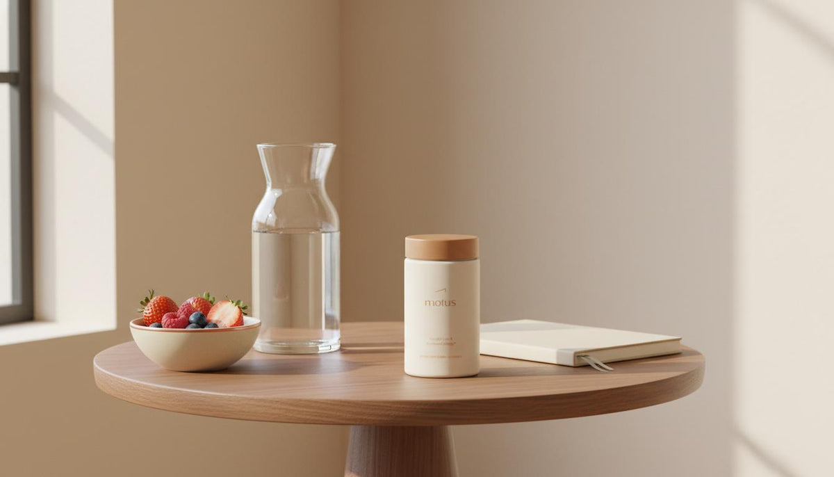 Minimalist morning scene with Tonum Motus supplement jar on a round wooden table beside a glass carafe, notebook and bowl of berries in soft natural light — phentermine price 30 day supply