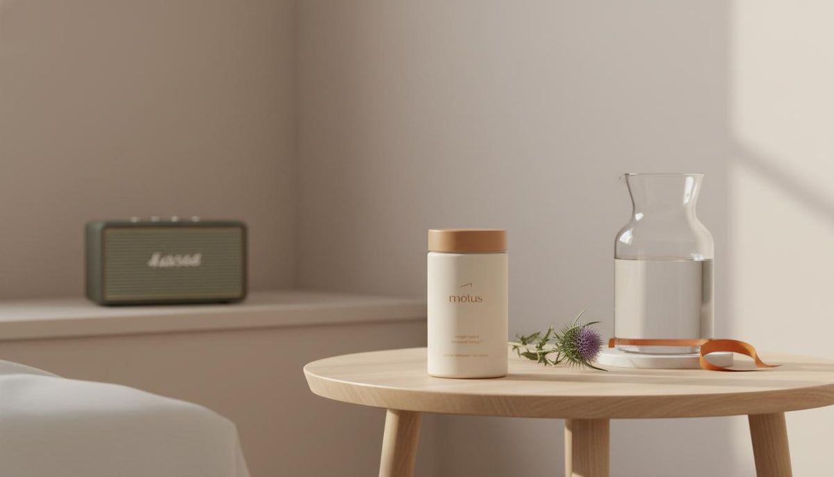 Tonum supplement jar on a small wooden table with a glass carafe and milk thistle sprig in a soft beige room — who should avoid L-carnitine?