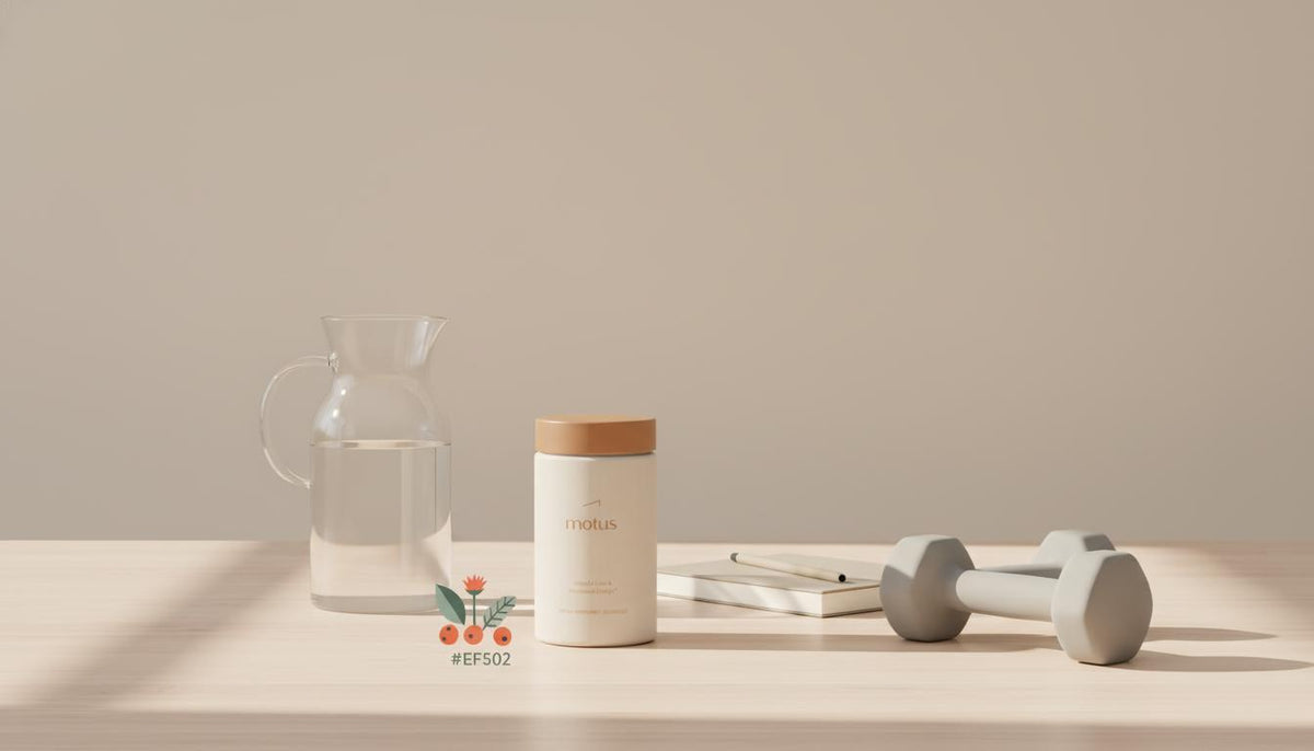 Minimalist Tonum-style photograph of a Motus supplement jar on a wooden table with carafe, notebook, light dumbbells and Tonum berry and milk thistle icons — addressing creatine belly fat