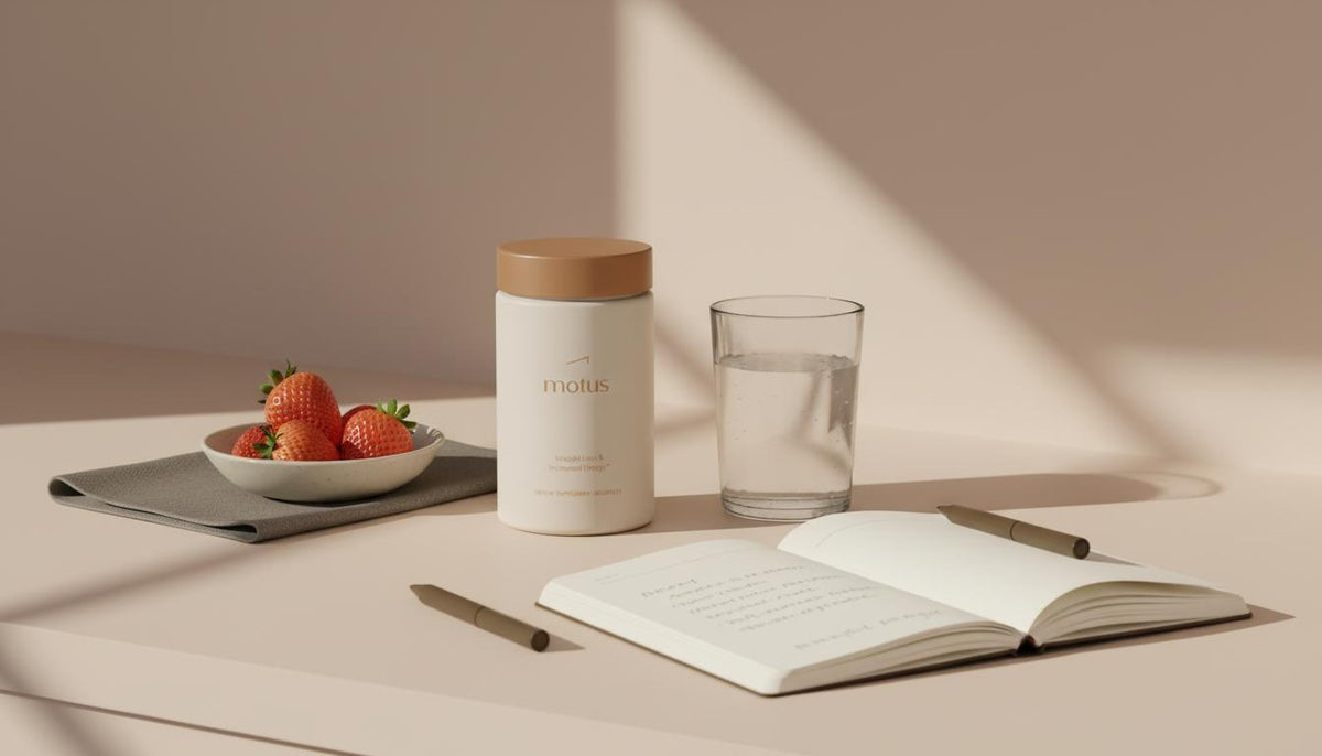 Tonum Motus jar on a minimalist kitchen counter with glass, bowl of berries and open journal in soft morning light, illustrating how much ashwagandha per day for fat loss