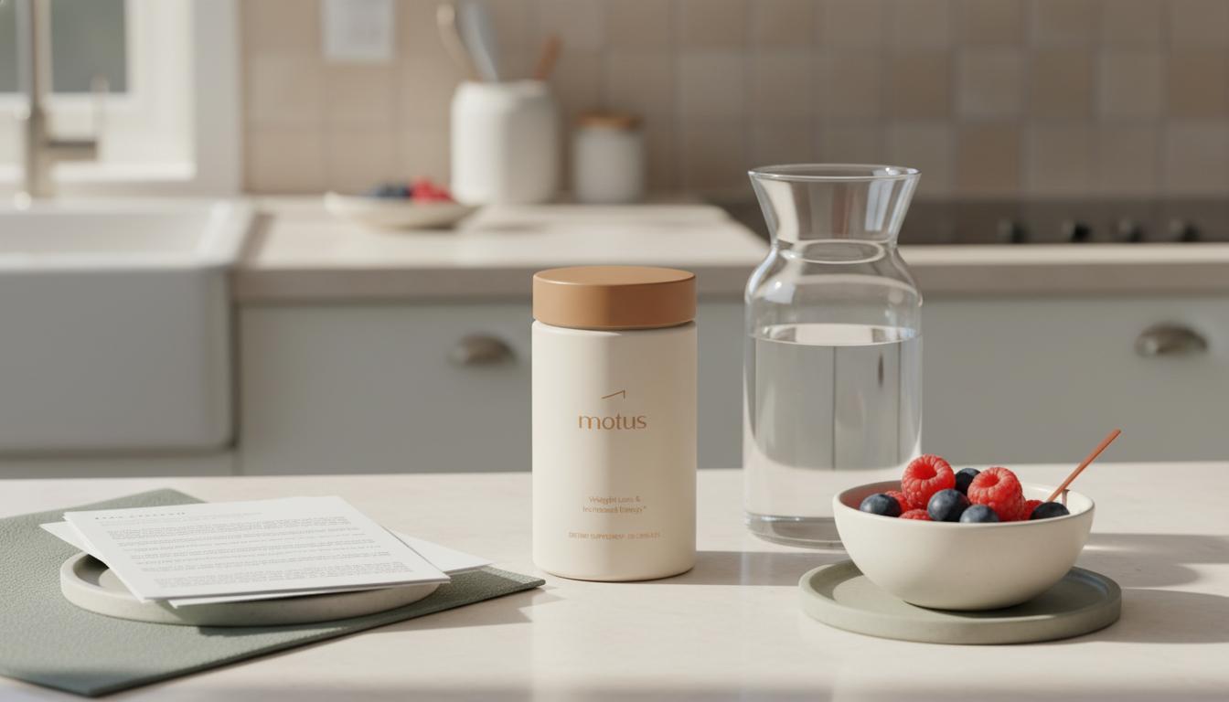 Minimalist sunlit kitchen counter with Tonum Motus jar beside a water carafe, bowl of fresh berries and research papers illustrating a green tea extract weight loss timeline.