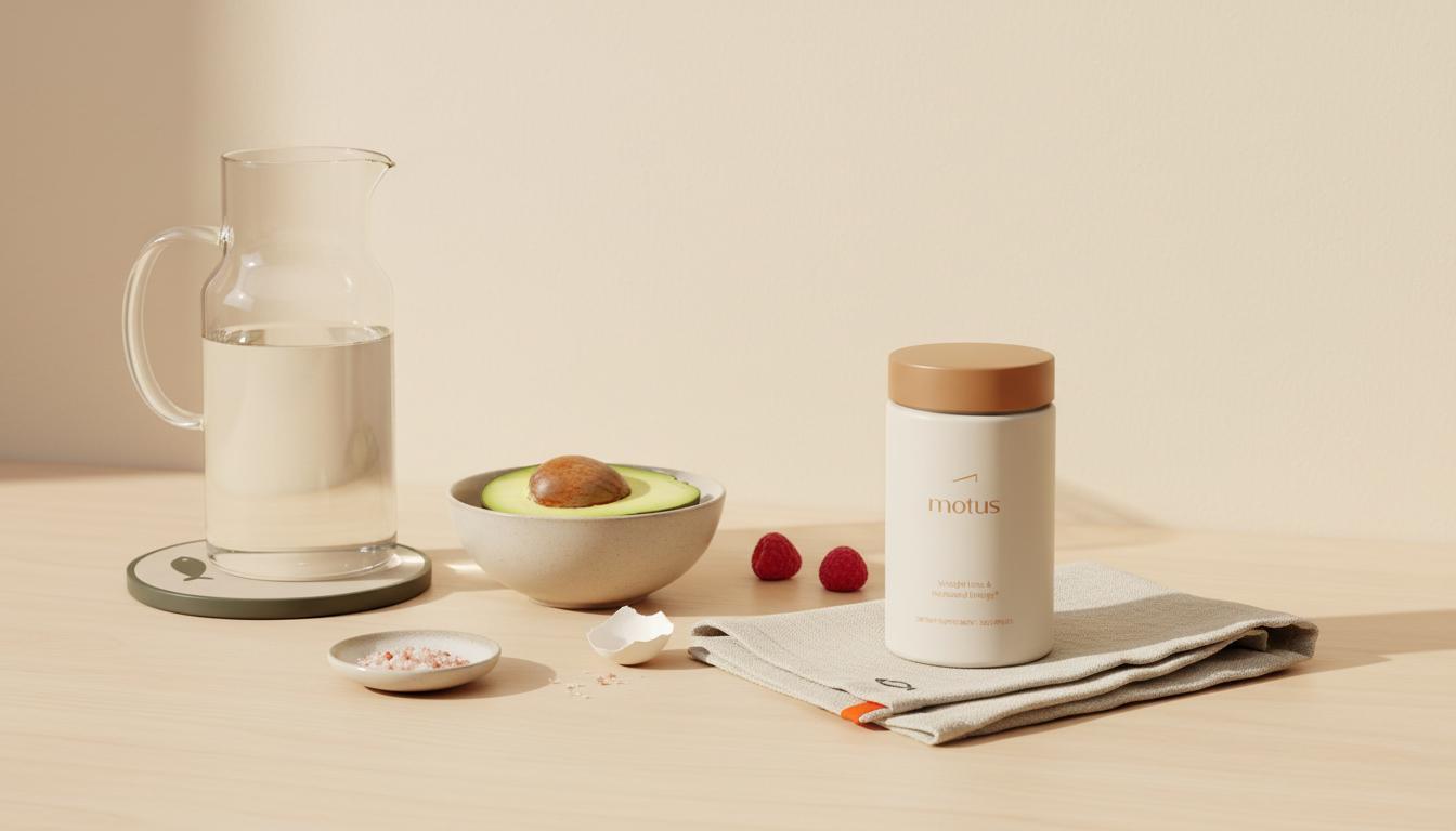 Minimalist kitchen countertop with Tonum Motus supplement jar beside a glass carafe, half avocado, pink Himalayan salt dish and linen napkin in natural morning light — what happens on the first 3 days of keto
