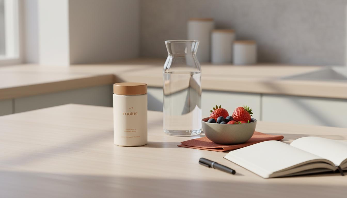 Minimalist kitchen counter with a Tonum Motus supplement jar beside a glass carafe, bowl of berries and open journal under soft natural light — visual for natural Ozempic alternatives