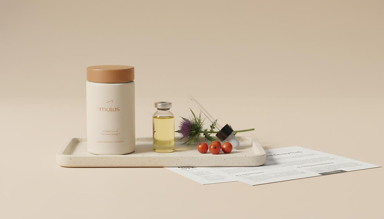 Minimalist clinical still life of a Tonum supplement jar with a vitamin D3 oil vial, pipette, milk thistle sprig and berries on a #F2E5D5 background — how long does vitamin d3 take to work