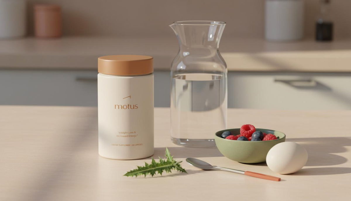 Tonum Motus supplement beside a glass carafe, bowl of berries, an egg and a milk thistle leaf on a pale beige counter, minimalist scene suggesting how to lose 20 lbs in one month.