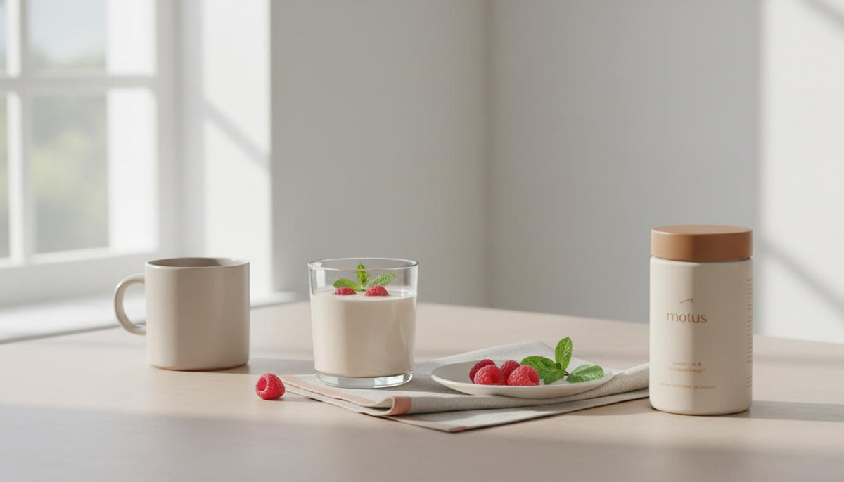Minimalist kitchen scene with Motus jar next to a low-calorie protein shake for weight loss, a small plate of berries and mint on a soft beige Tonum background.