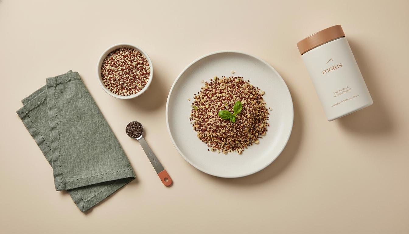 Minimalist flat-lay of a balanced plate with whole grains, greens, measuring spoon and Motus Tonum supplement container, styled for a 40/30/30 diet guide.