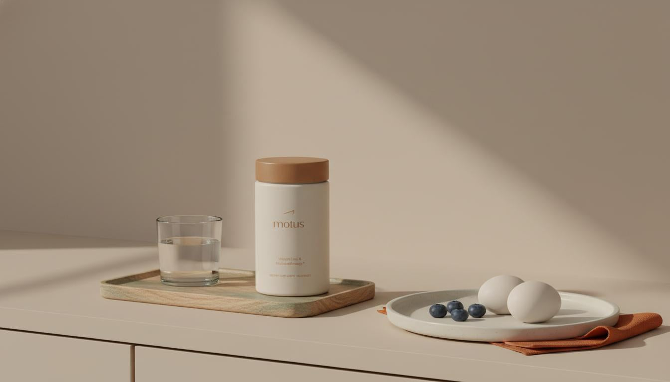 Minimal kitchen still life with Tonum Motus supplement jar in a B-complex lifestyle scene on a tray beside a glass of water, berries and eggs on beige #F2E5D5 background.