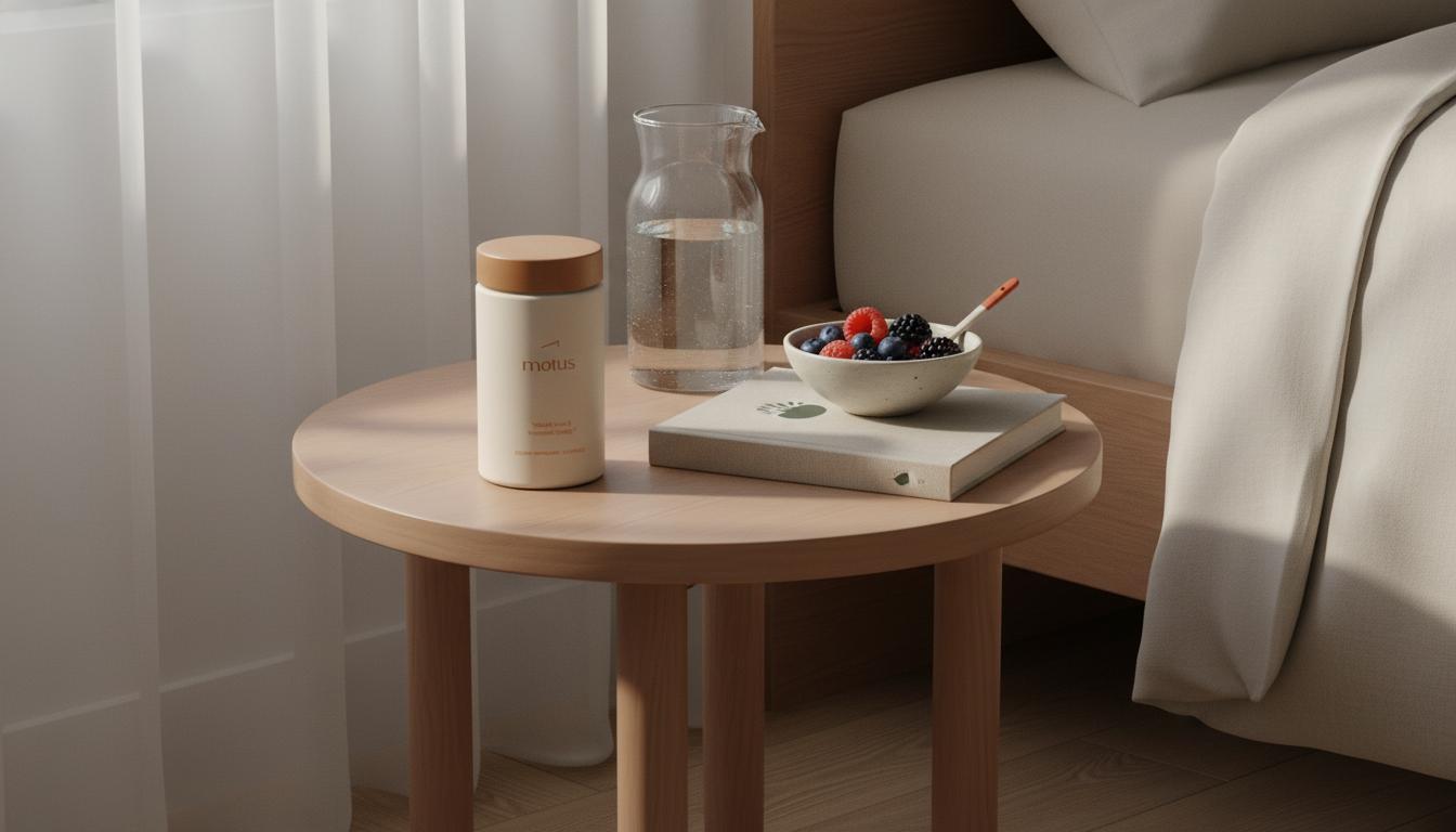 Minimal bedroom still life with the Tonum Motus supplement jar, glass carafe and bowl of berries on a bedside table in soft natural light — night-time fat burners