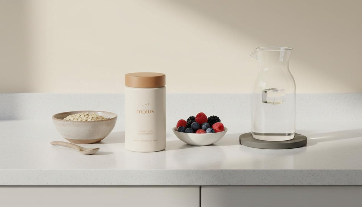 Minimal kitchen counter with Tonum Motus jar beside oats, berries and a glass carafe, evoking routine and research-backed weight management with a zero calorie appetite suppressant.