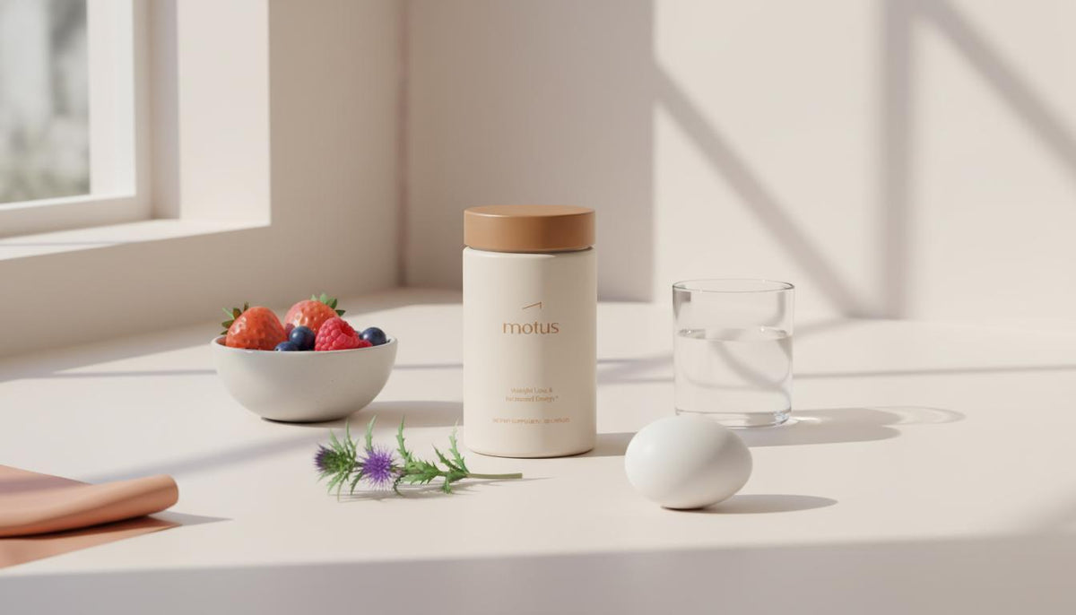 Minimalist kitchen scene with Tonum Motus jar beside a glass of water, bowl of berries, an egg and milk thistle sprig on a #F2E5D5 counter — does protein powder reduce belly fat