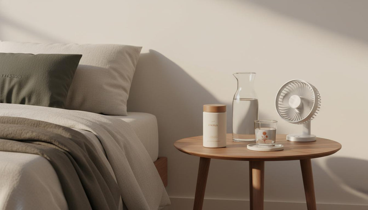 Minimalist bedroom scene with Tonum supplement jar on bedside table beside glass carafe and small fan in soft morning light — L-carnitine hair supplement lifestyle image.