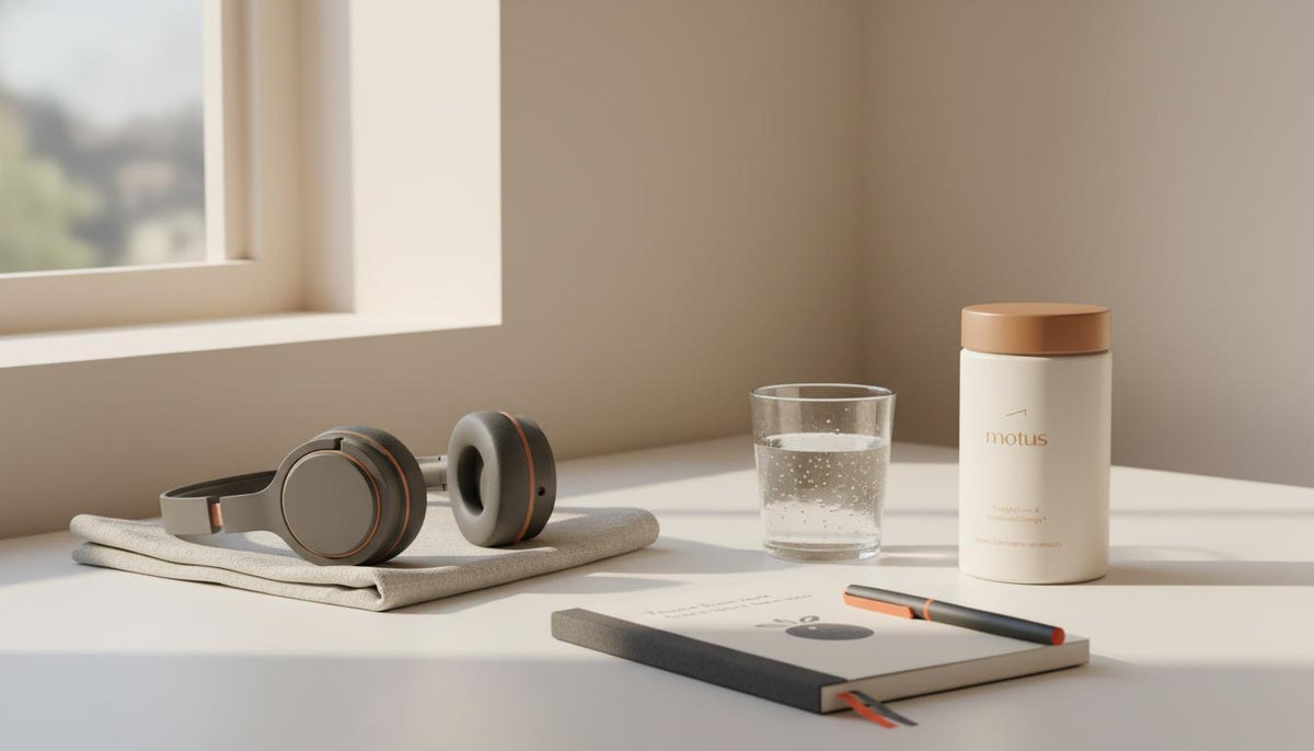 Minimalist morning desk scene with Tonum Motus supplement jar, headphones, glass of water and notebook, lifestyle photo highlighting green tea extract wellness