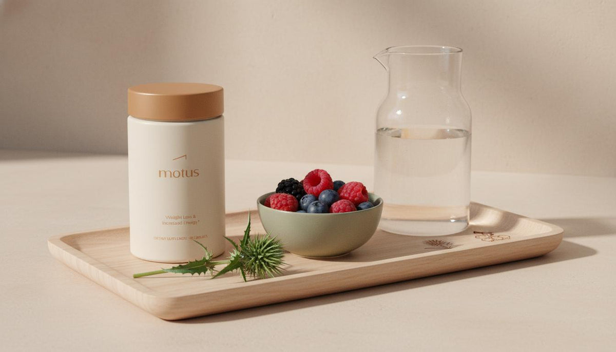Minimalist tray scene with Tonum supplement jar beside milk thistle sprig, bowl of berries and water carafe, suggesting L-carnitine belly fat support and daily wellness.