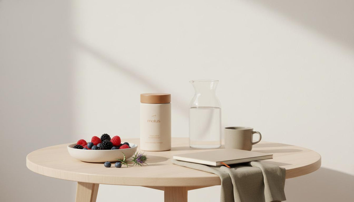 Minimalist breakfast nook with Tonum supplement jar, bowl of berries, notebook and milk thistle to improve memory and brain function, soft beige background.