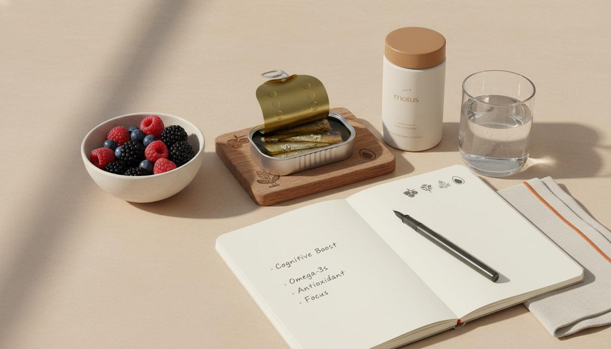 Minimalist kitchen table with berries, sardine tin, reference supplement jar for cognitive support, open notebook and glass of water; Tonum icons included — best vitamins for memory