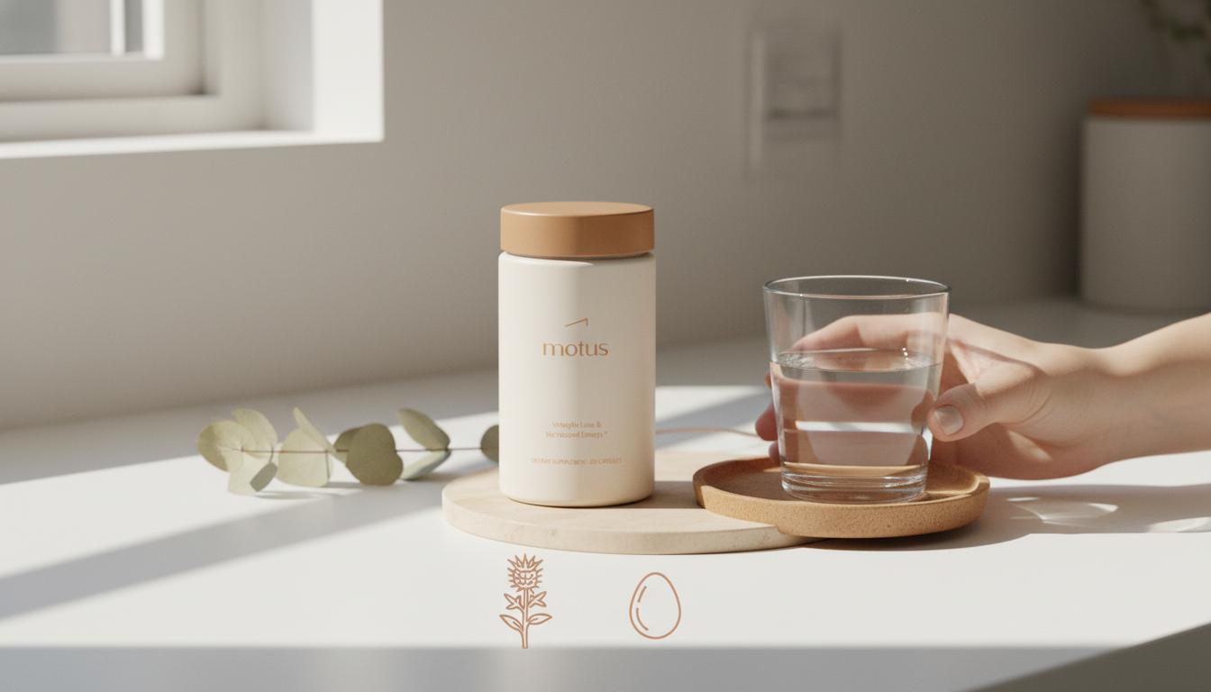 Minimalist sunlit kitchen counter with Tonum supplement jar beside a glass of water and milk thistle and egg icons, evoking whey protein isolate for weight loss.