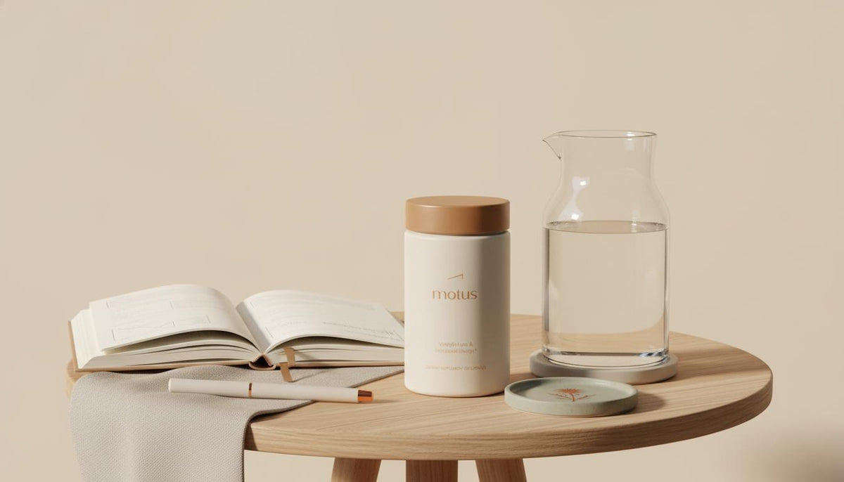 Minimalist wooden table scene with Tonum Motus supplement jar, glass carafe, open journal and linen napkin in soft natural light — best MCT oil brands