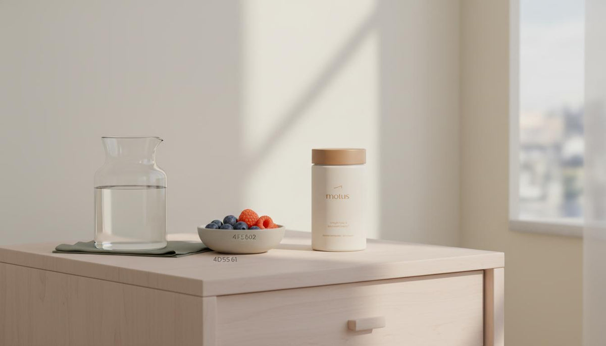 Minimalist bedside scene with Tonum supplement jar, carafe of water and bowl of berries illustrating how to increase brain power in a calm morning routine