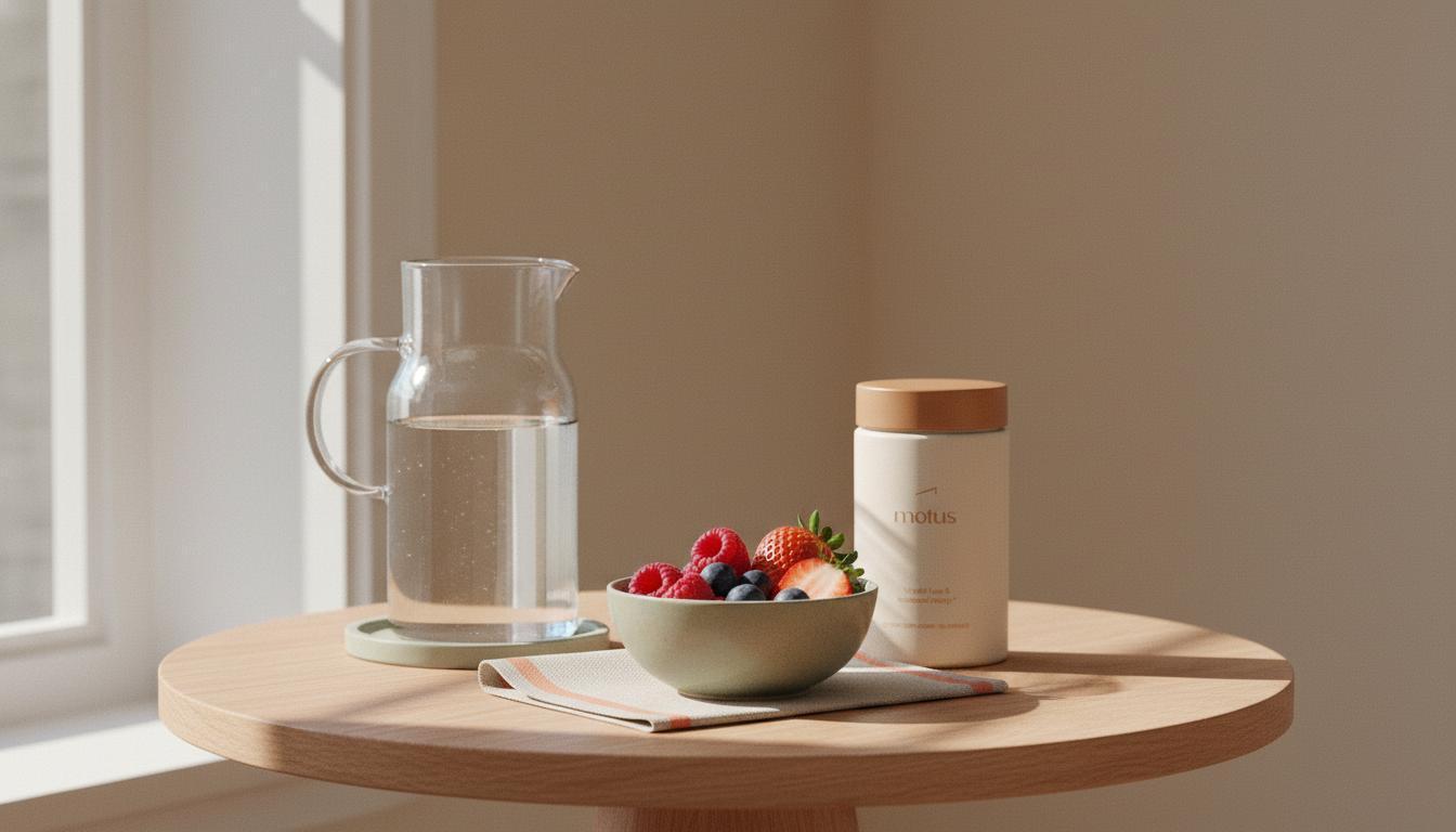 Minimal morning scene with the Tonum Motus bottle on a wooden table beside a carafe of water and a bowl of berries — when to take burn pills guidance image.