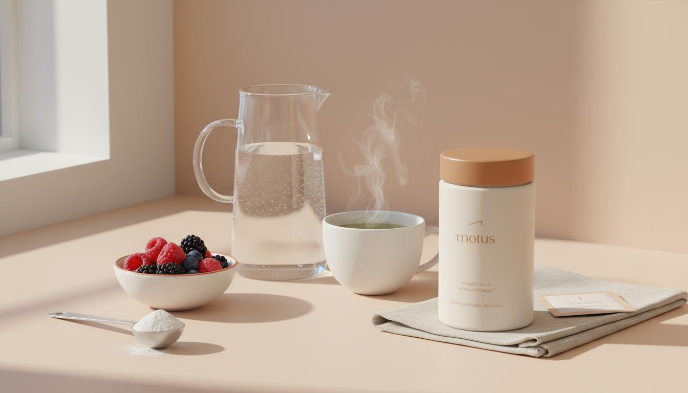 Minimalist kitchen counter with carafe, steaming green tea cup and Motus supplement bottle beside berries — what drink burns the most belly fat