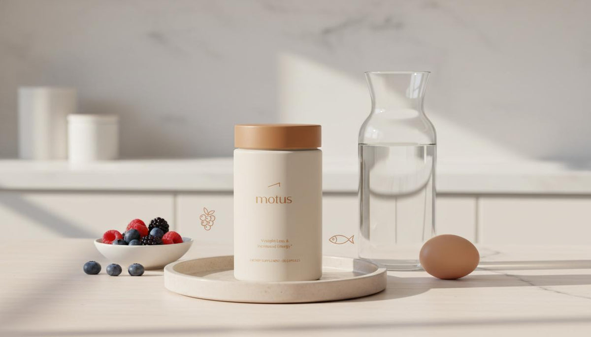 Tonum Motus supplement jar on a minimalist morning table with carafe, egg and berries, suggesting ways to lose weight during menopause fast.