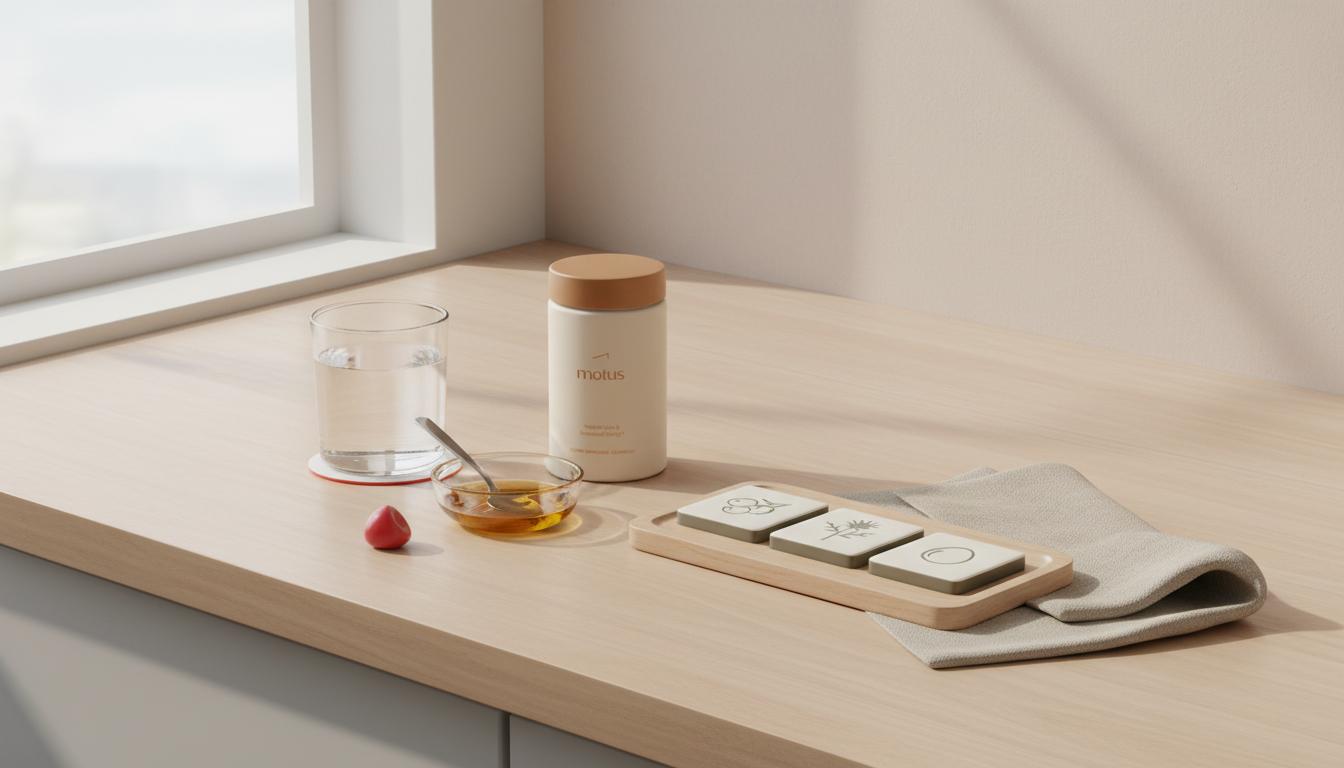 Minimalist kitchen counter with Tonum supplement jar, glass of water and teaspoon of oil on a tray with berries and milk thistle — do exogenous ketones put you in ketosis