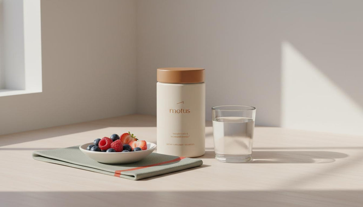 Minimalist kitchen counter with Tonum Motus supplement jar, glass of water and bowl of berries in soft natural light — who should not take Ozempic
