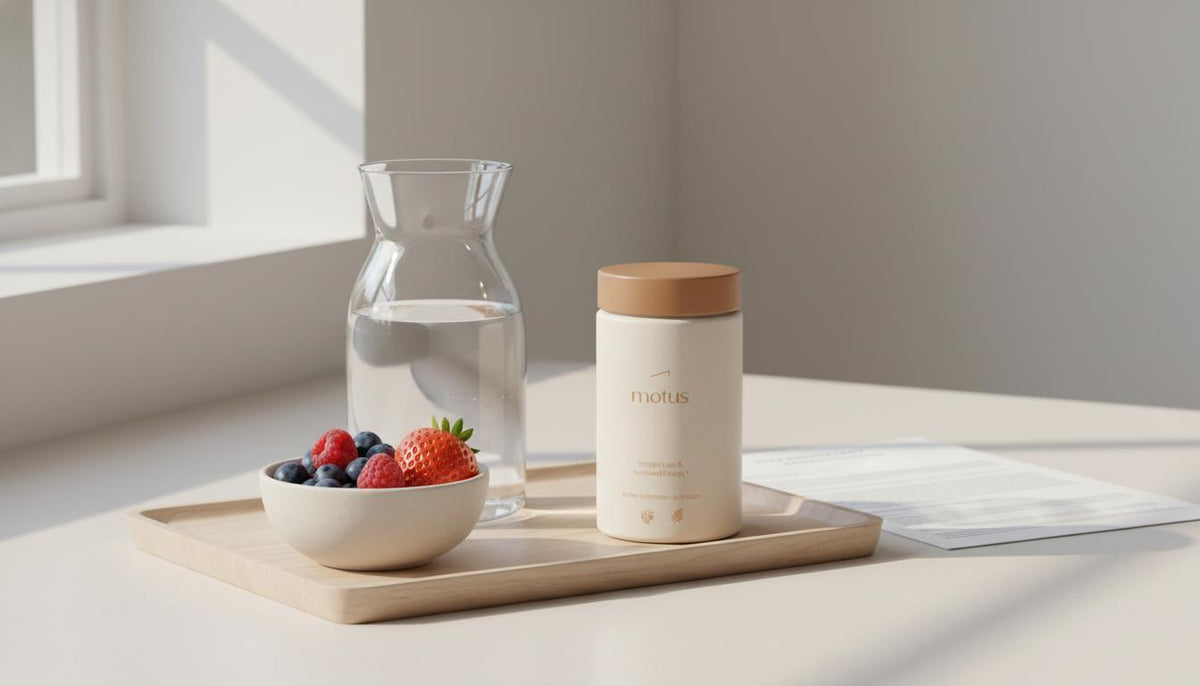 Minimalist kitchen counter with Tonum Motus supplement jar beside water, berries and a concise research summary sheet, clean health scene referencing phentermine.